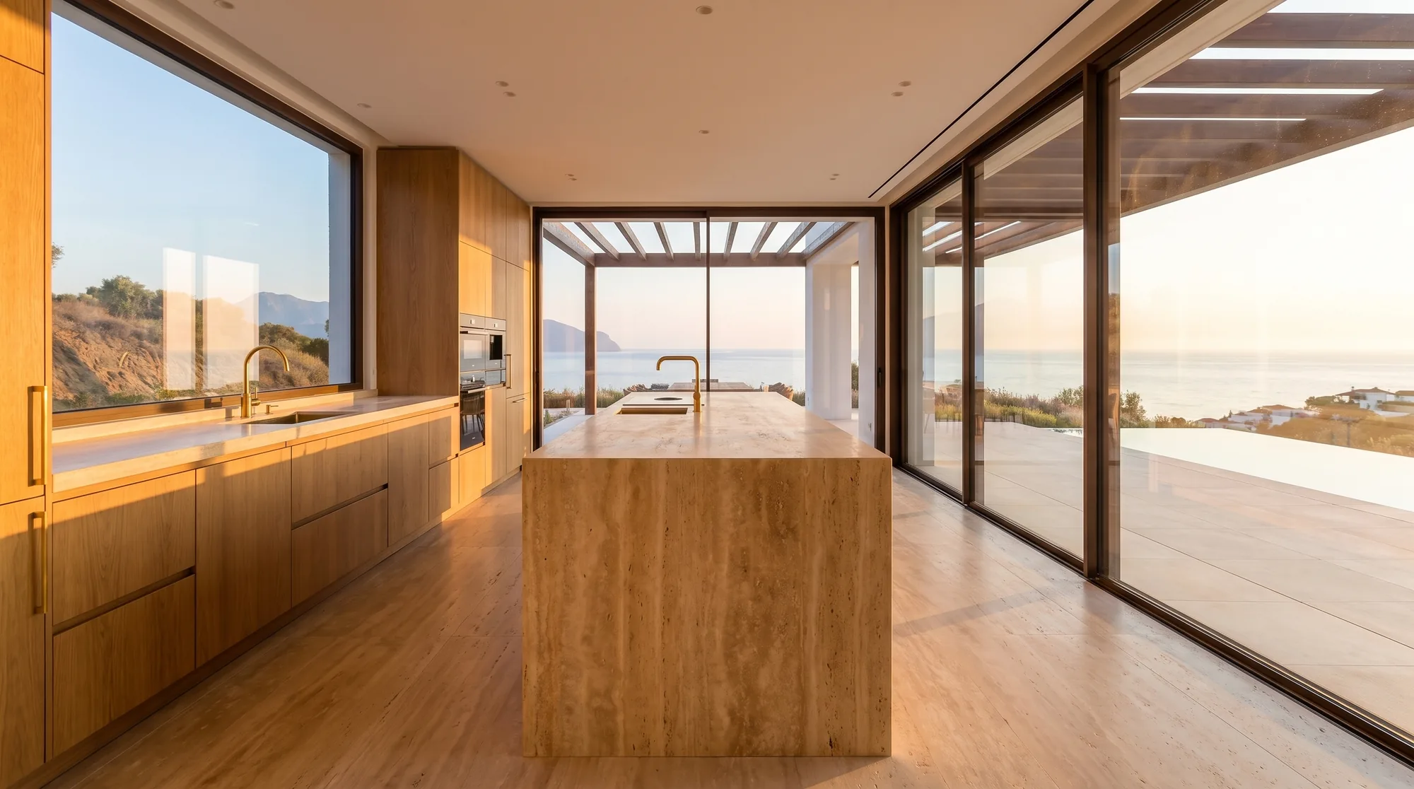 Cocina con isla de travertino