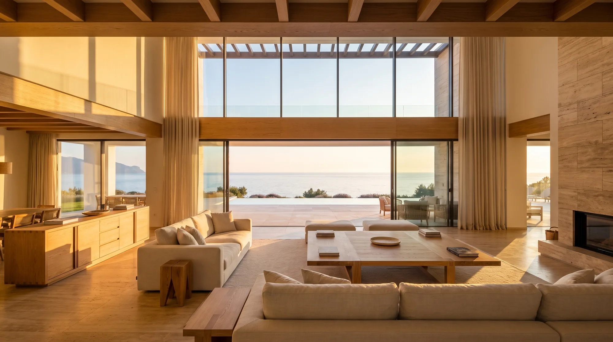 Salón a doble altura con vistas al mar