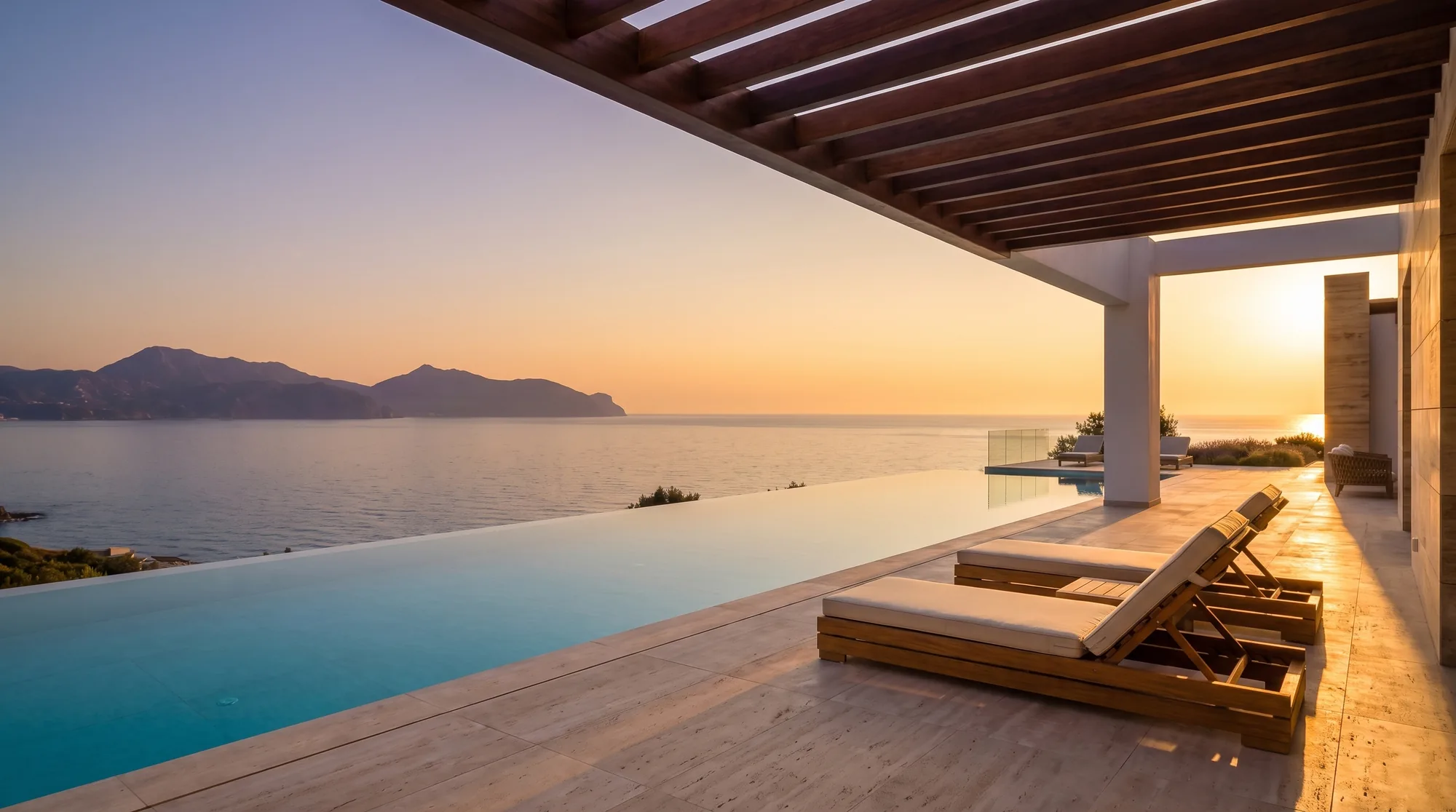 Terraza con piscina infinita al atardecer