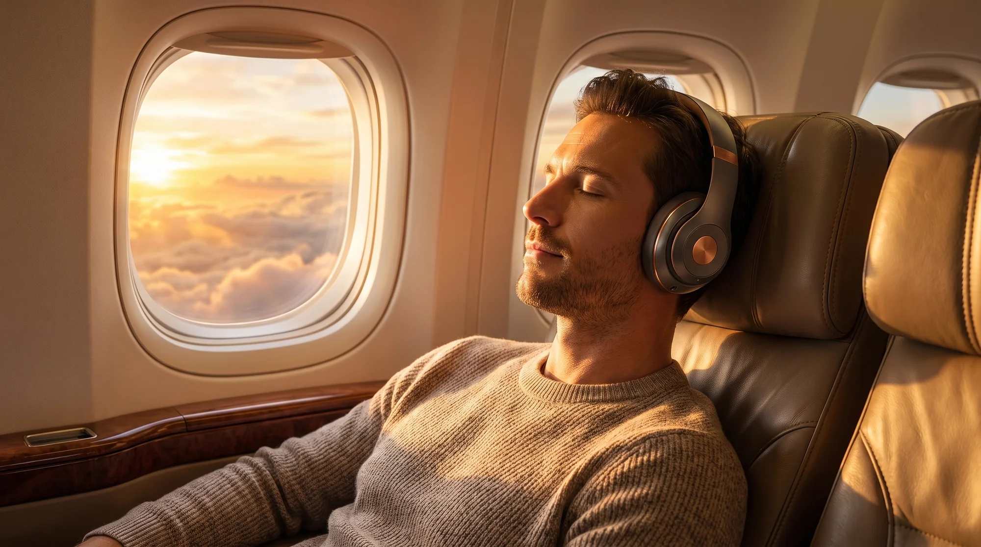 Viajero descansando en un avión con auriculares VANTA ONE