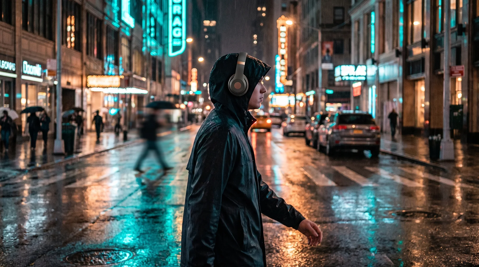 Persona caminando de noche por la ciudad con auriculares VANTA ONE