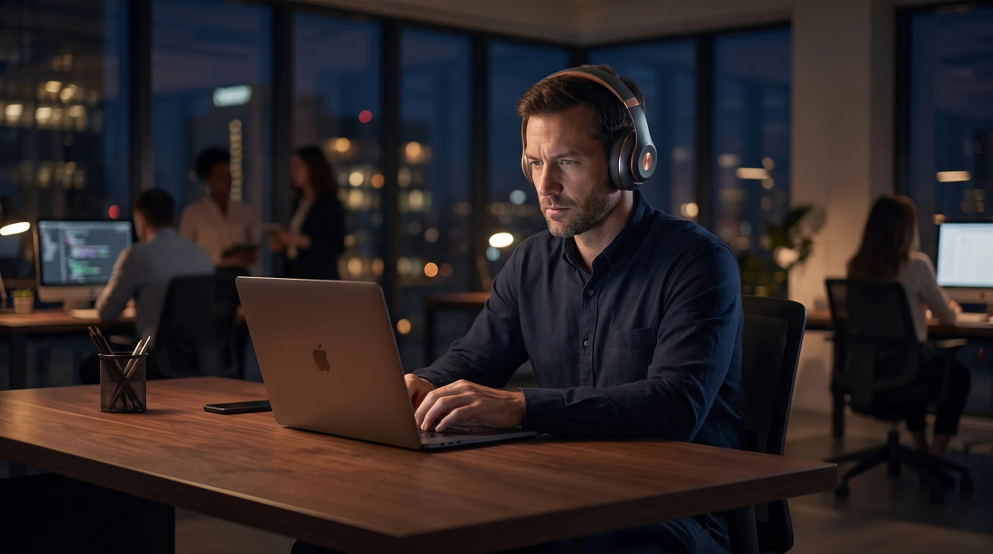 Hombre trabajando en una oficina con auriculares VANTA ONE