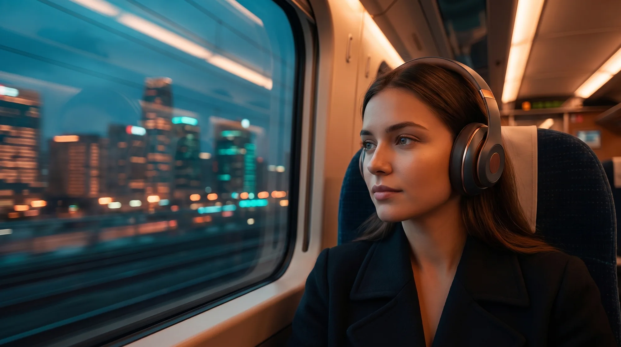 Mujer con auriculares VANTA ONE en un tren al anochecer